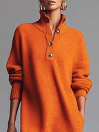 Vibrant Orange Lapel Button-Front Knit Midi Dress - Elegant & Comfortable for All Occasions