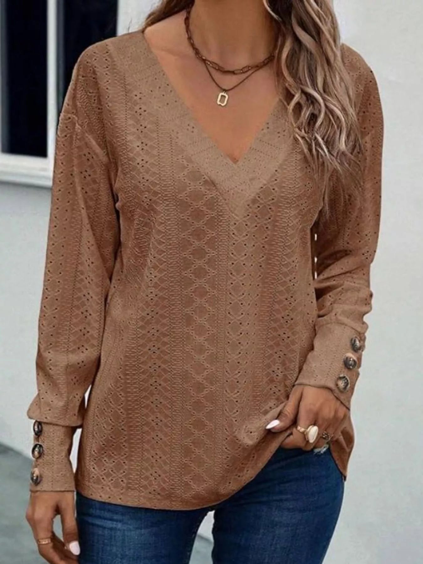 Eyelet V-Neck Long Sleeve T-Shirt
