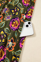 Green Floral Print Split Neck Bubble Sleeve Shift Mini Dress