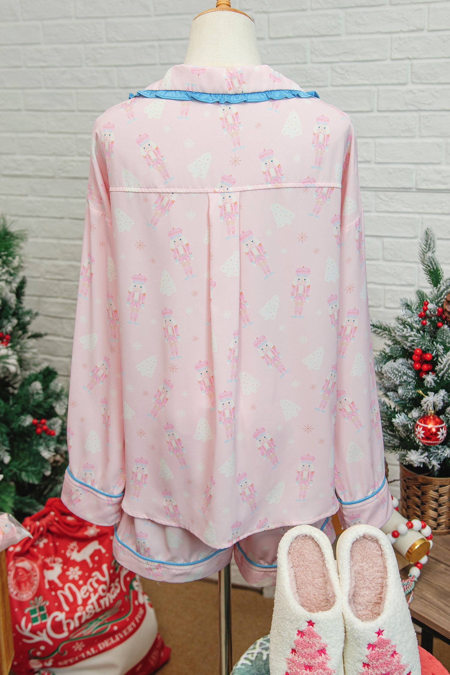 Festive Pink Nutcracker Long Sleeve Pajama Set with Bow Tie Detail