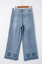 Dusk Blue Embroidered Cropped Wide Leg High Waist Jeans