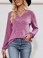 Ribbed Knit V-Neck Long Sleeve T-Shirt