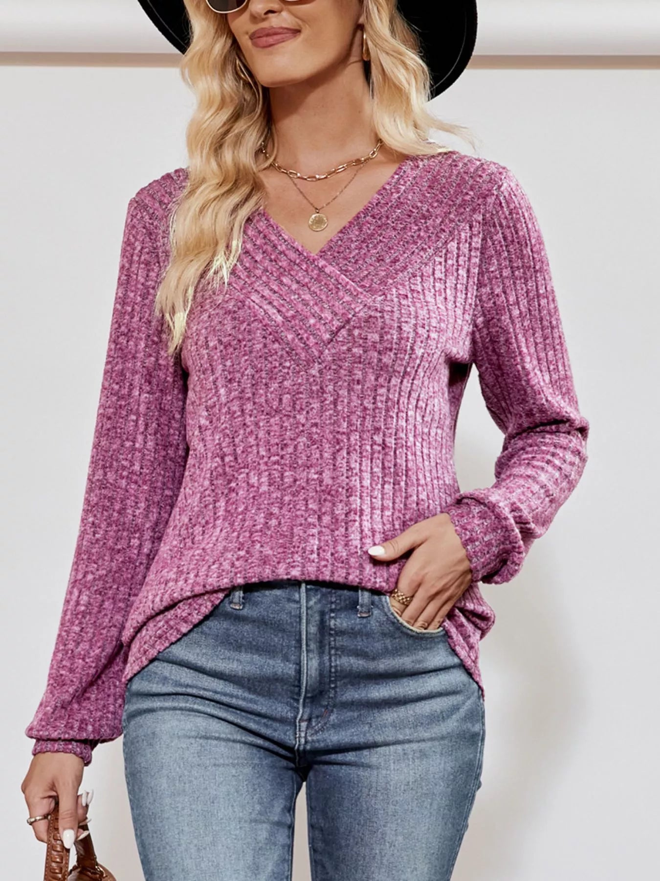 Ribbed Knit V-Neck Long Sleeve T-Shirt