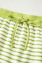 Green Stripe Collared V Neck Drop Shoulder Pullover and Skort 2pcs Outfit