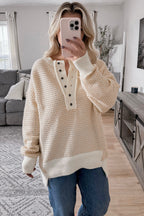 Oatmeal Contrast Ribbed Detail Henley Button Drop Shoulder Sweater