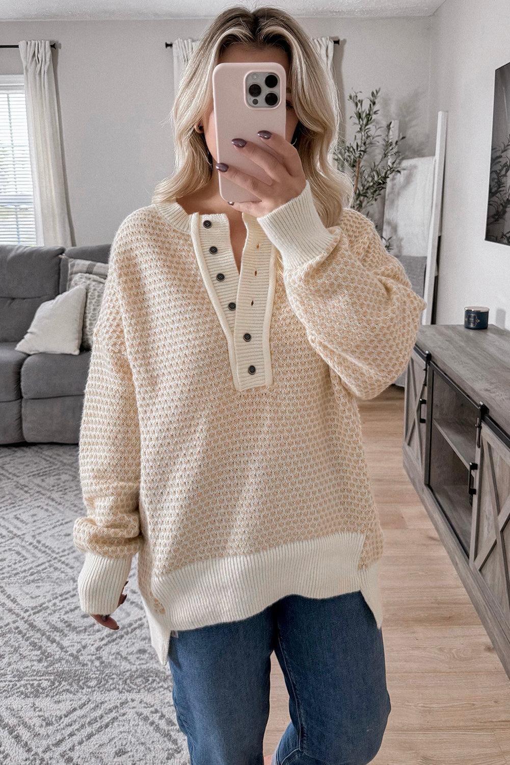 Oatmeal Contrast Ribbed Detail Henley Button Drop Shoulder Sweater