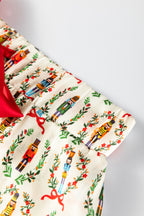 Festive Beige Nutcracker Print Silky 2-Piece Pajama Set with Contrast Trim and Tied Bow