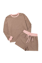 Brown Checkerboard Long Sleeve Pullover and Shorts Set