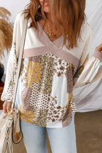 White Floral Printed Contrast Patchwork Long Sleeve Top