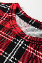 Cozy Red Festive Plaid Print Round Neck Long Sleeve Top & Pants 2 Piece Lounge Set for Women