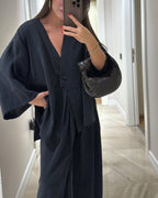 Women's Casual V-Neck Top and Matching Pants Two-Piece Set for Daily, Holiday, and Going Out