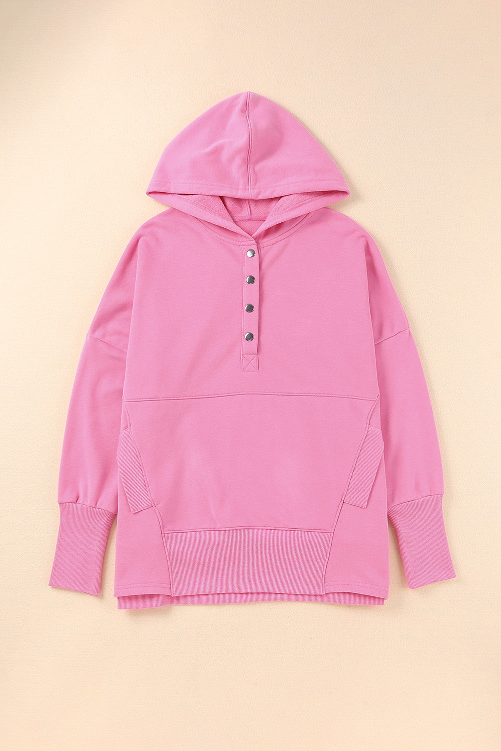 Pink Batwing Sleeve Pocketed Henley Hoodie