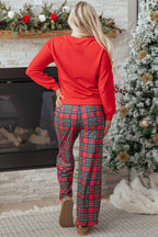 Festive Red Plaid Mama Graphic Christmas Holiday Crewneck Pullover and Pants Two-Piece Lounge Set
