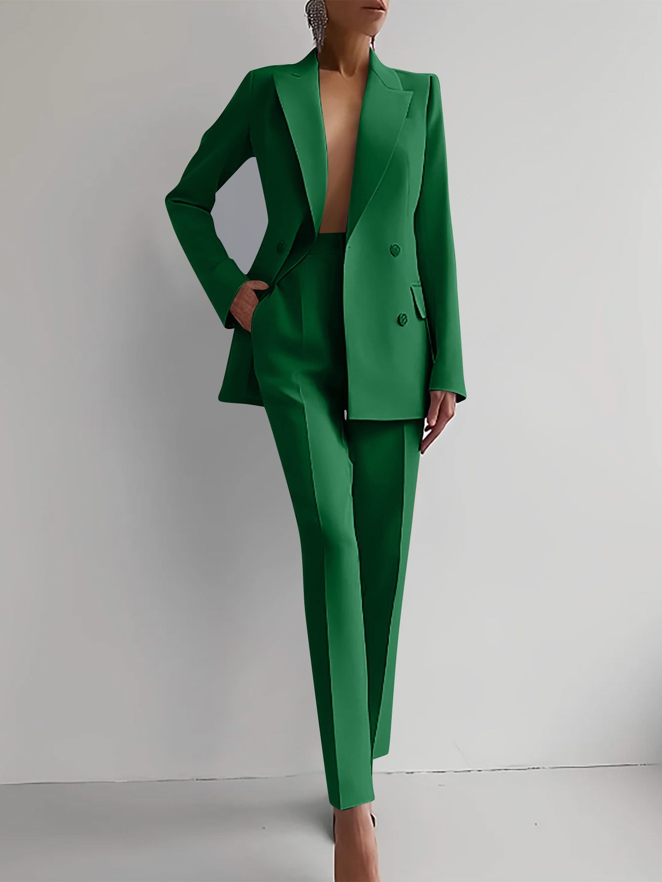 Chic Solid Color Blazer & High Waist Pants Set - Versatile Commuting & Business Attire