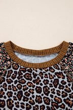 Brown Leopard Floral Print Ribbed Puff Sleeve Patchwork Loose Pullover