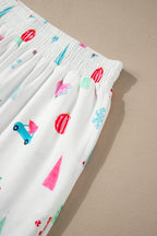 Festive White Christmas Print Lapel Shirt and Pants Sleepwear Set