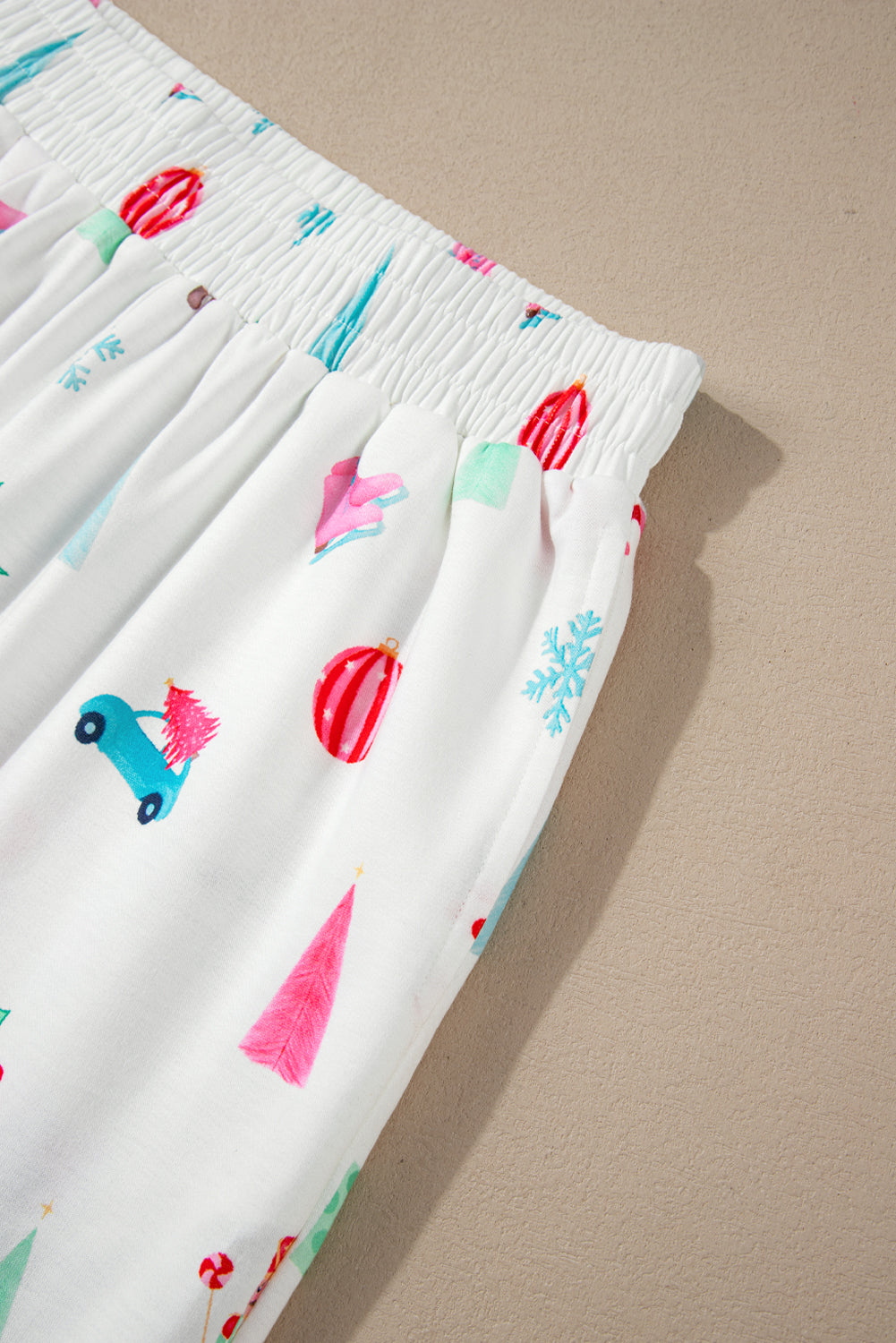 Festive White Christmas Print Lapel Shirt and Pants Sleepwear Set