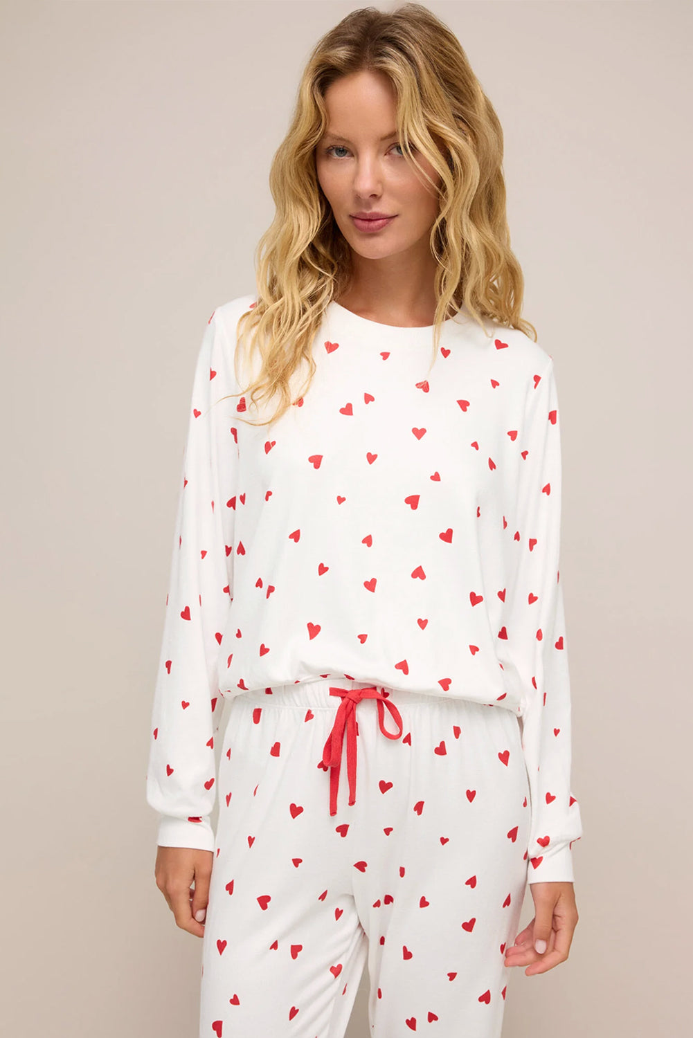 Fiery Red Tiny Hearts Print Long Sleeve Top & Drawstring Lounge Pants Set - Cozy & Breathable