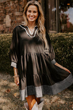 Black Contrast Stitched V Neck 3/4 Sleeve Tiered Mini Dress