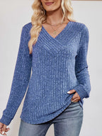 Ribbed Knit V-Neck Long Sleeve T-Shirt