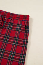 Red Plaid Contrast Patched Christmas Holiday Long Sleeve Shirt and Short 2pcs Pajama Set