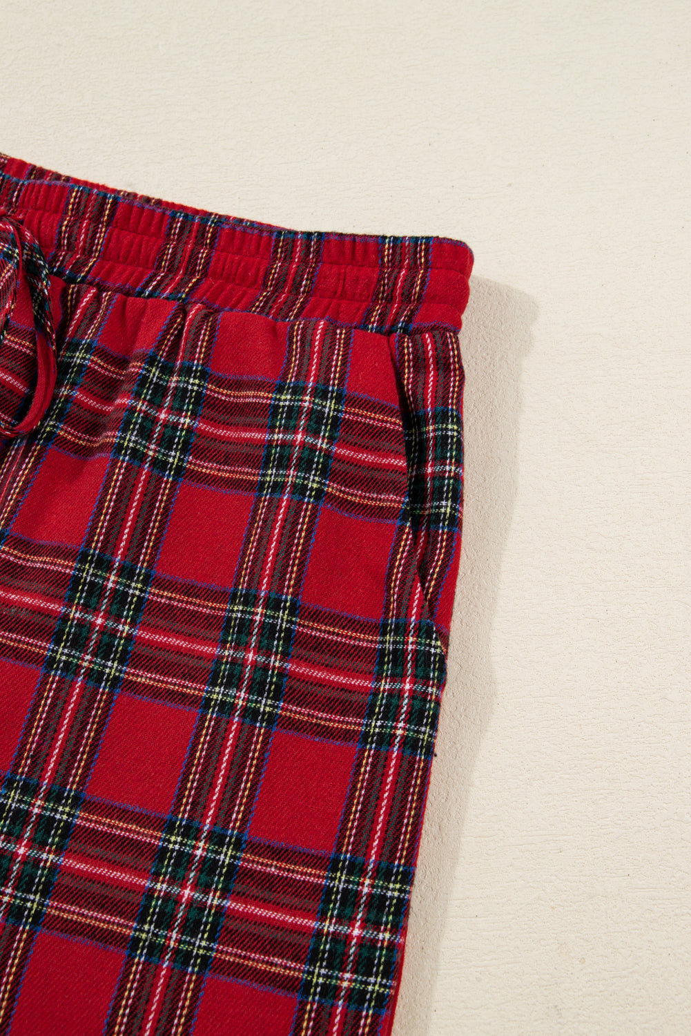 Red Plaid Contrast Patched Christmas Holiday Long Sleeve Shirt and Short 2pcs Pajama Set