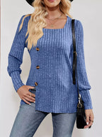 Ribbed Knit Slit Long Sleeve T-Shirt