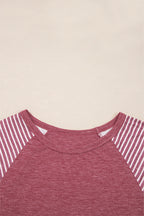 Mineral Red Contrast Print Striped Raglan Long Sleeve Loose Top