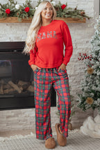 Festive Red Plaid Mama Graphic Christmas Holiday Crewneck Pullover and Pants Two-Piece Lounge Set