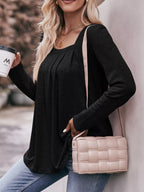 Pleated Square Neck Long Sleeve T-Shirt