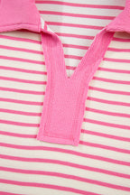 Pink Stripe Collared V Neck Drop Shoulder Pullover and Skort 2pcs Outfit