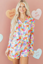 Pink Valentines Candy Heart V Neck Collared Tunic Shirt and Shorts 2pcs Pajama Set for Women