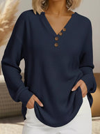Full Size Casual Waffle Knit V-Neck Long Sleeve T-Shirt Plus Size