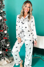 Elegant White Bows Print Two-Piece Sleepwear Set - Long Sleeve Collar Top & High Waist Pants