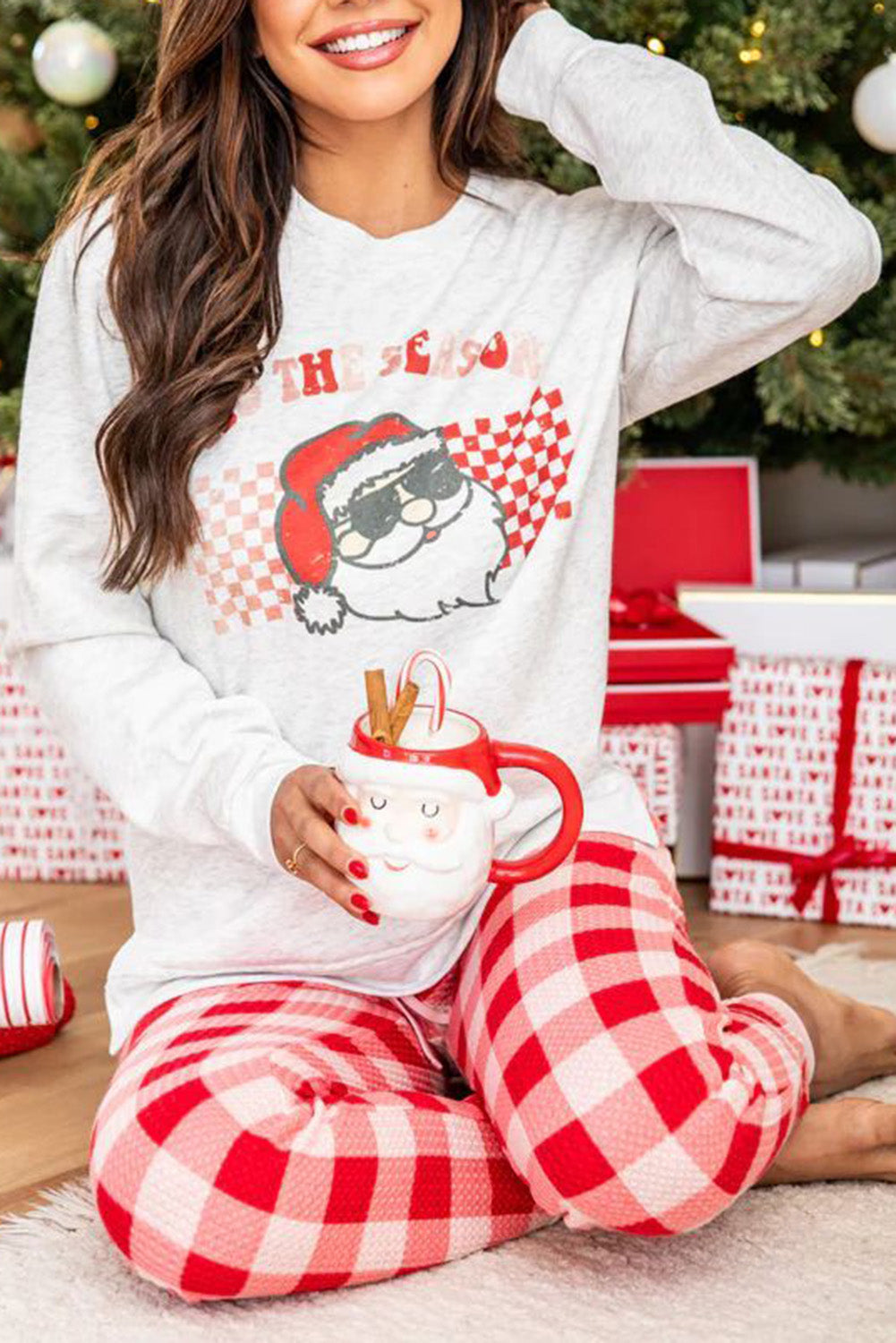 Cozy Multicolor Christmas Claus Graphic Top & Plaid Pants Lounge Set for Women