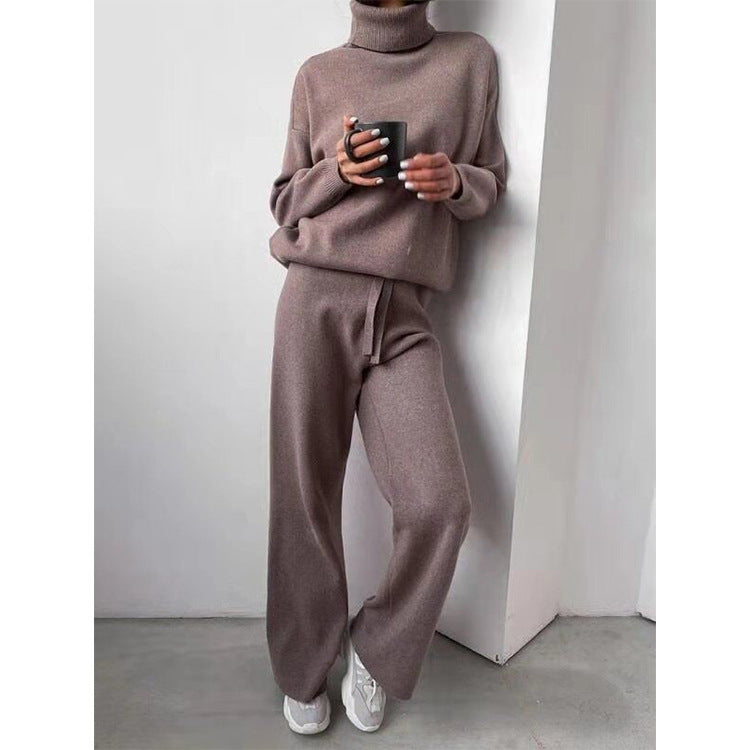 Chic Turtleneck Solid Color Knit Sweater and Pants Set for Women - Casual & Stylish