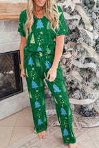 Festive Green Christmas Tree Print V-Neck Tee and Cozy Pants Lounge Set for Holidays