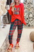 Cozy "ALL IS BRIGHT" Graphic Christmas Plaid Pajama Set for Women - Festive Long Sleeve Top & Jogger Pants