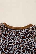 Brown Leopard Floral Print Ribbed Puff Sleeve Patchwork Loose Pullover