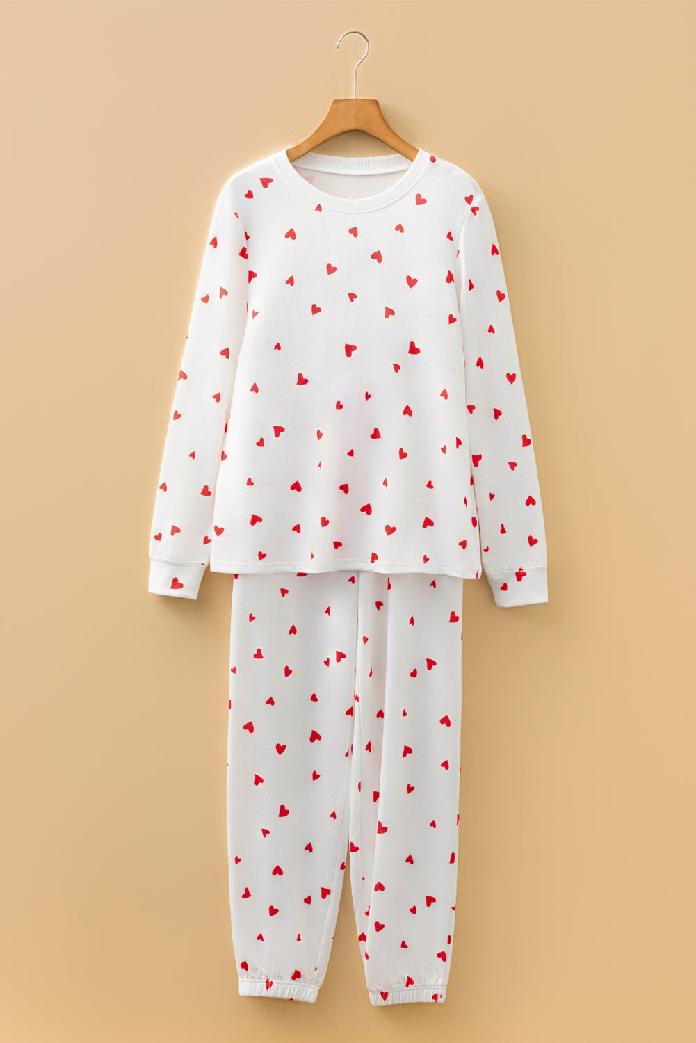 Fiery Red Tiny Hearts Print Long Sleeve Top & Drawstring Lounge Pants Set - Cozy & Breathable