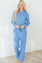Beau Blue Floral Patchwork Drop Shoulder Pullover & Sweatpants Lounge Set - Cozy & Chic Loungewear