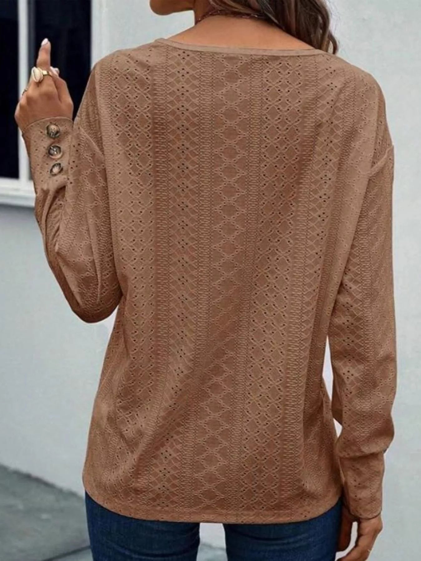 Eyelet V-Neck Long Sleeve T-Shirt