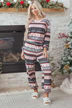 Black Retro Christmas Pattern Loose Pullover 2pcs Lounge Pant Set