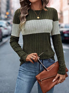 Color Block Ribbed Knit Long Sleeve T-Shirt