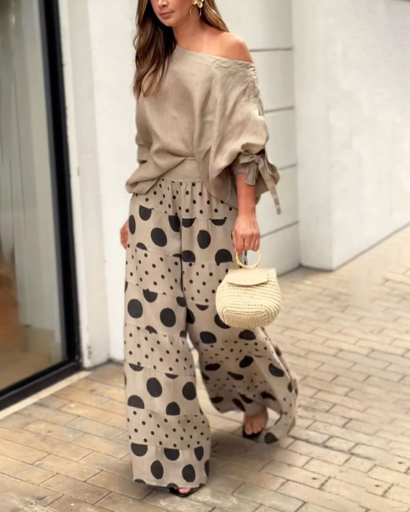 Elegant Casual Shoulder Top and Printed Pants Two-Piece Set for Daily & Holiday Wear
