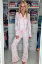 Pink Bow Print Long Sleeve Shirt and Pants Soft Pajama Set