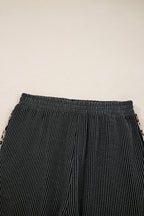 Carbon Grey Twisted Rib Texture Leopard Patchwork Detail 2pcs Pant Set