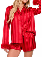 Striped Feather Trim Shirt and Shorts Lounge Set