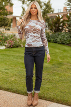 Green Western Fashion Camouflage Print Mesh Long Sleeve Top