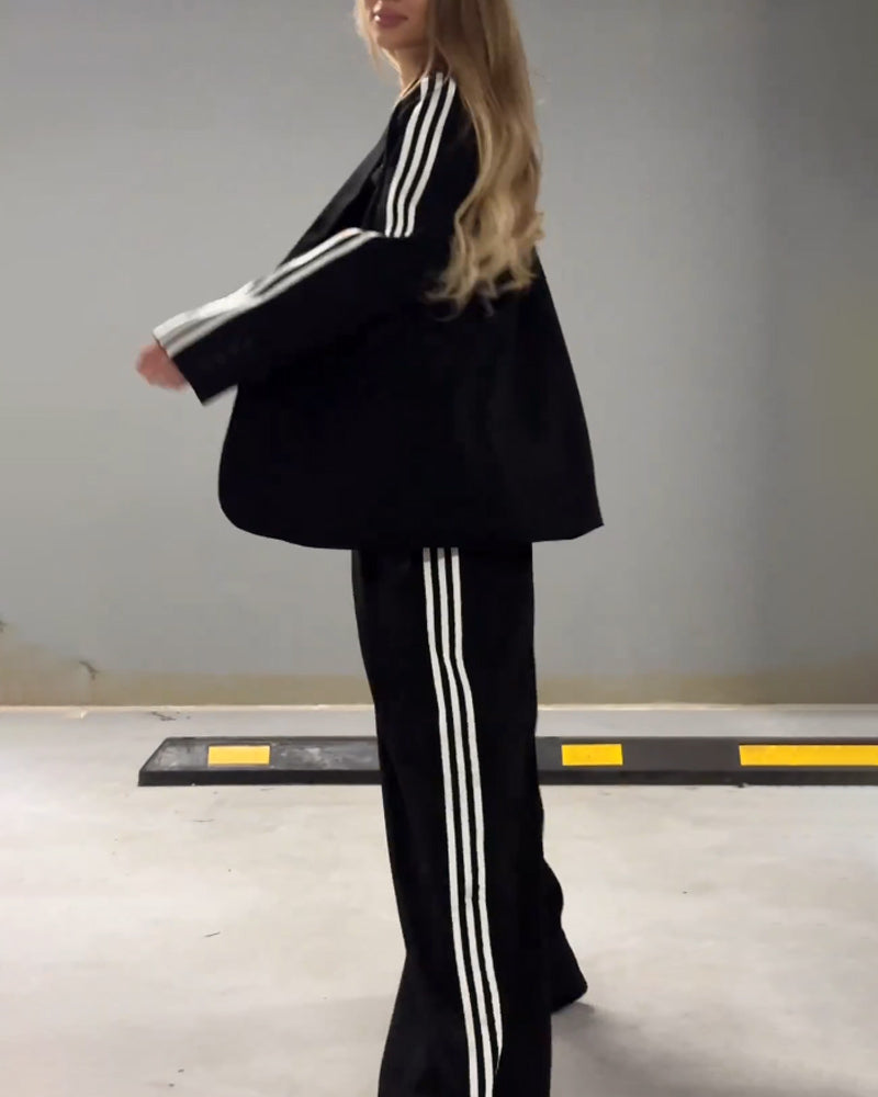 Chic Striped Blazer and Wide Leg Pants Two-Piece Set - Perfect for Daily, Holiday, and Going Out